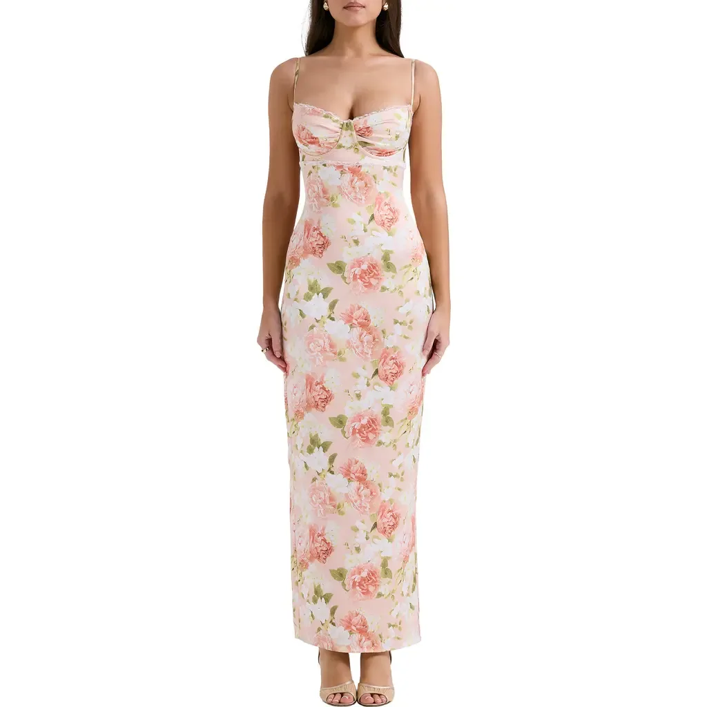 Josefina Floral Bustier Bodice Stretch Satin Body-Con Dress