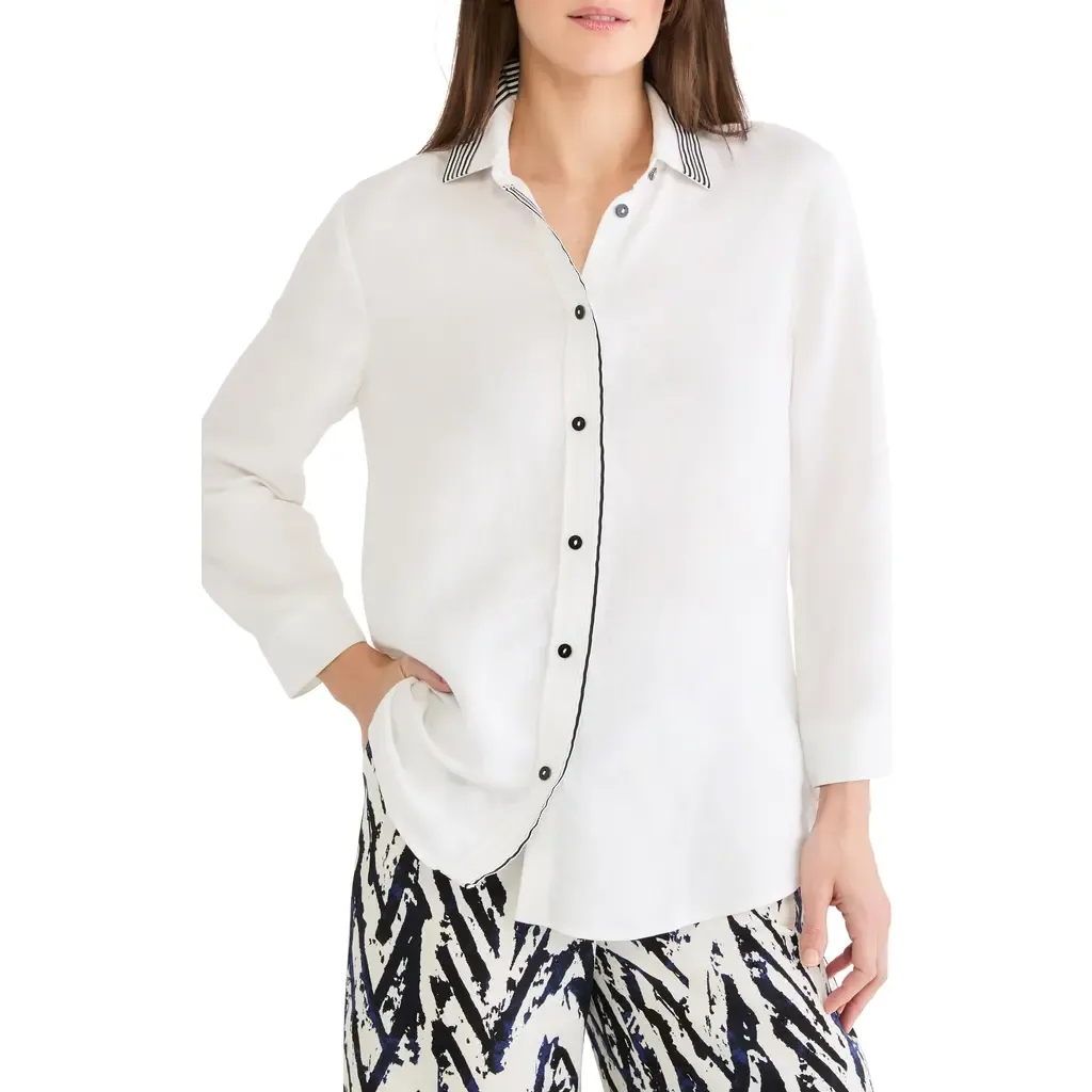 Stripe Trim Linen Blend Button-Up Shirt by NIC+ZOE