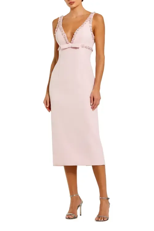 Plunging Beaded Bow Trim V Neck Fitted Midi Dress by Mac Duggal