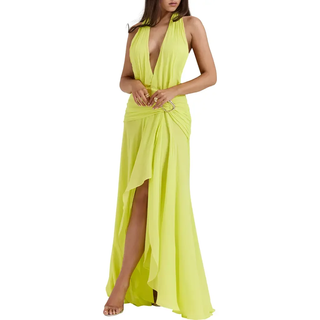 Olessia Plunge Halter Maxi Dress by HOUSE OF CB