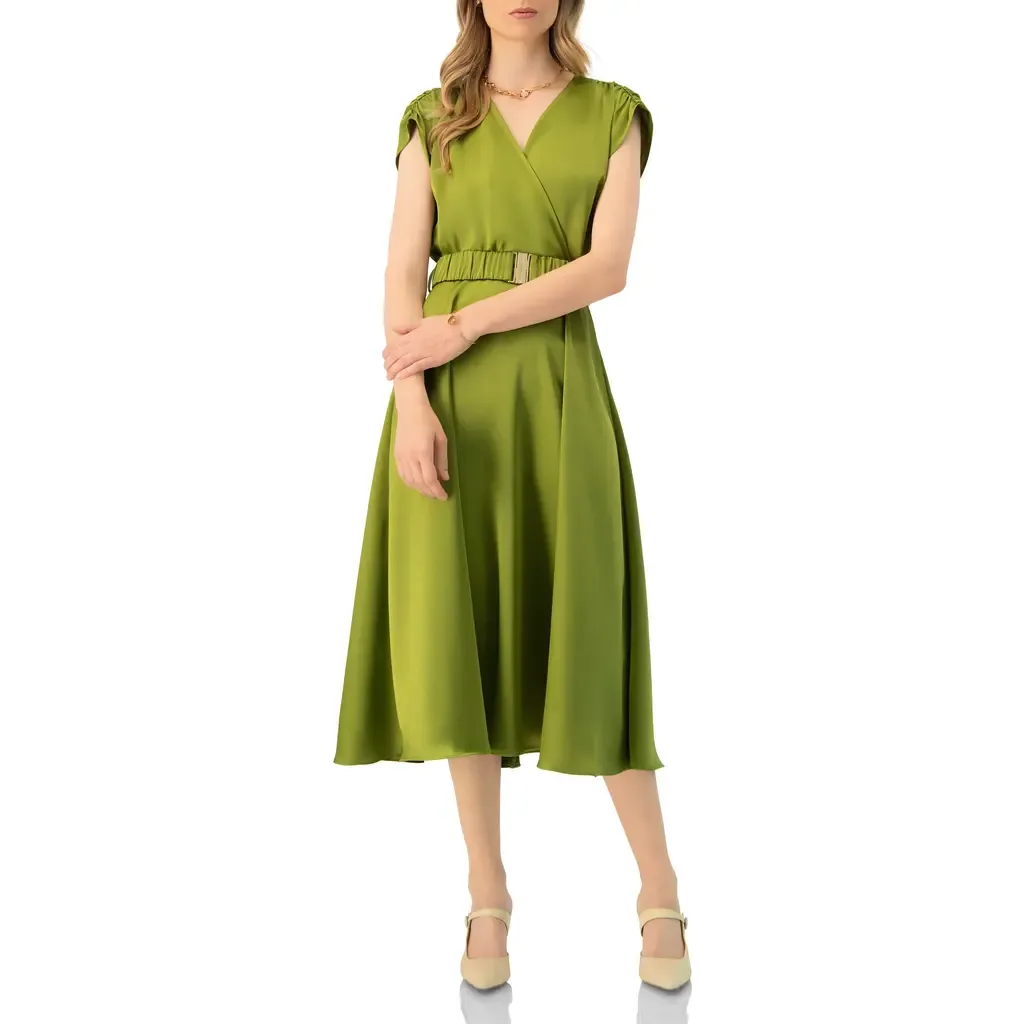 Sleeveless Midi Satin Dress with Belt by IVONNE