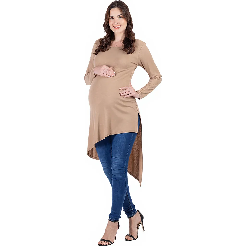 Long Sleeve Knee Length Asymmetrical Maternity Tunic Top by 24seven Comfort Apparel