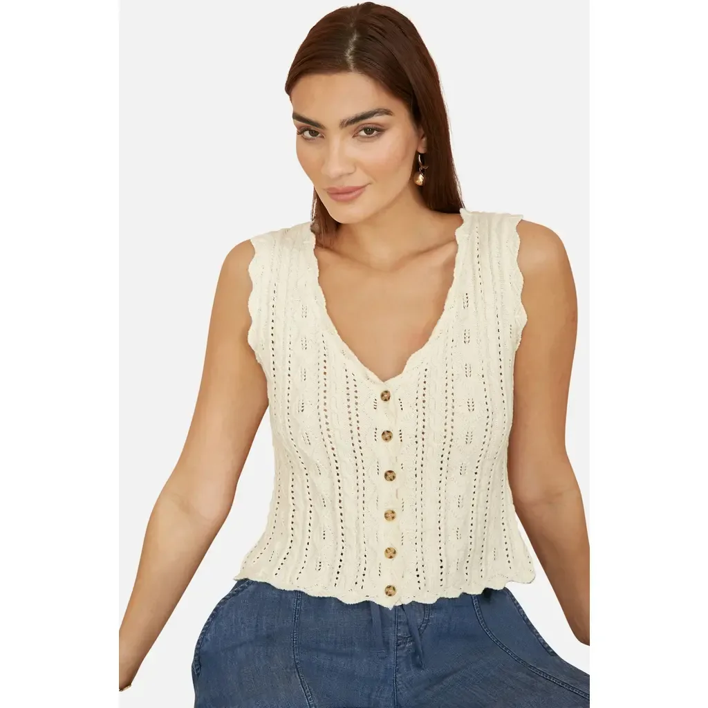 V Neck Button Down Crochet Knitted Top by Yumi