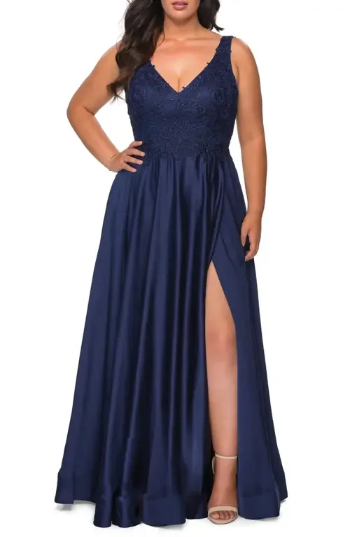 A-Line Dress with Rhinestone Lace Bodice by La Femme