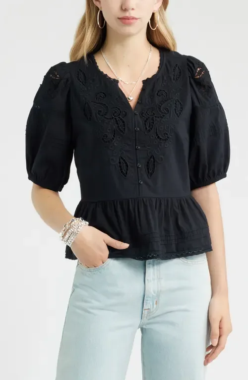 Cutwork Puff Sleeve Cotton Top