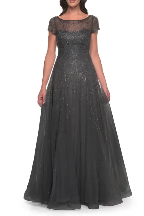Beaded A-Line Dress with Illusion Neckline and Sleeves