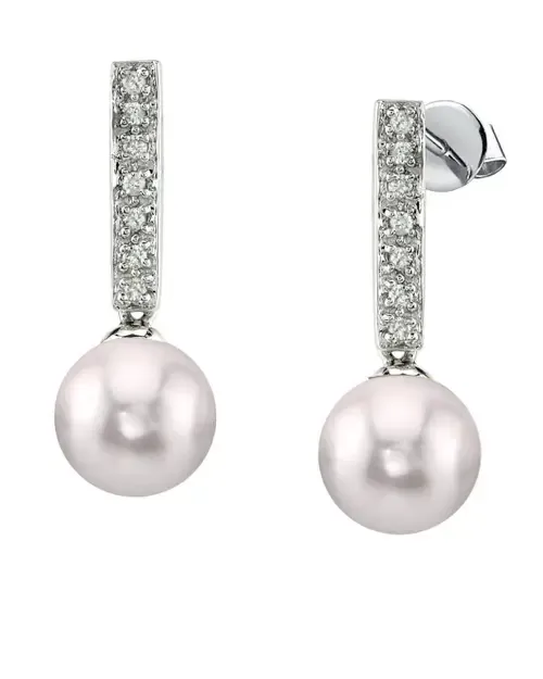 Akoya Pearl Dangling Diamond Earrings in White Gold by The Pearl Source