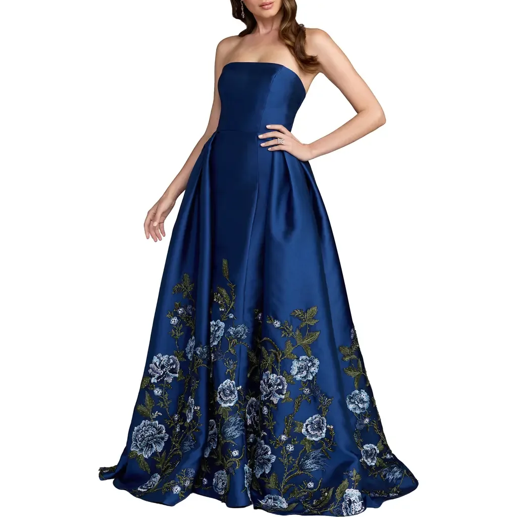 Floral Embroidered Mikado Strapless Ball Gown by Mac Duggal
