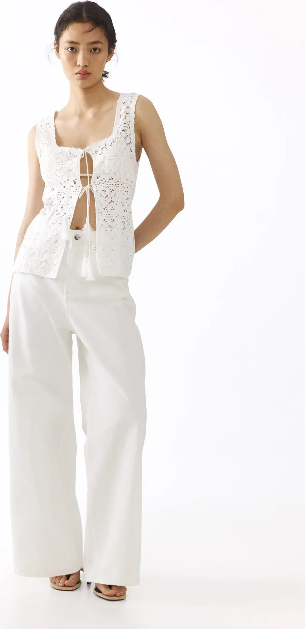 Tie-Front Pointelle-Knit Top