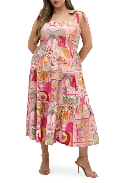 Ellessia Print Fit & Flare Midi Tie Shoulder Dress by City Chic