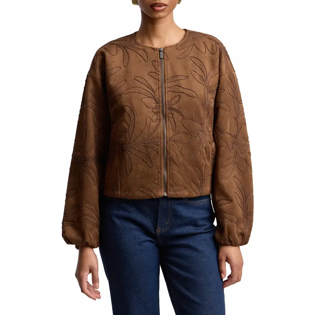 Leaf Embroidery Faux Suede Jacket by Bagatelle