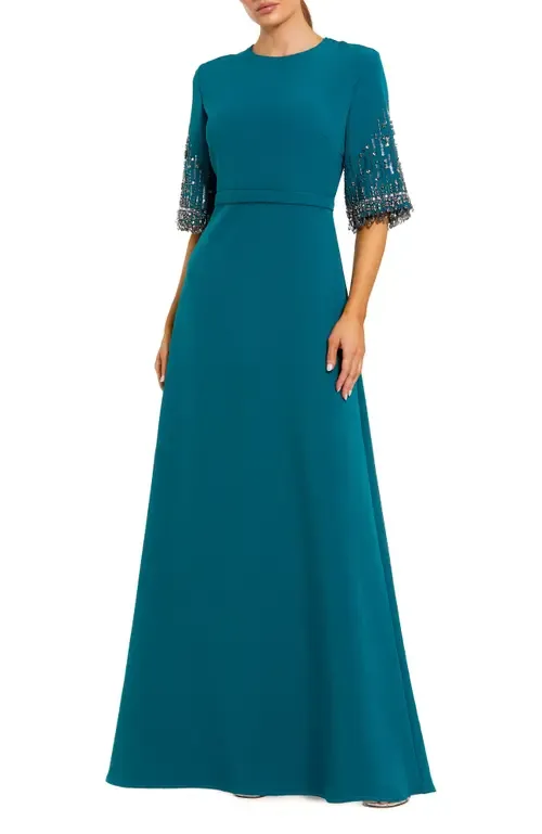 Crepe a Line Gown with Beaded 3/4 Sleeves by Mac Duggal