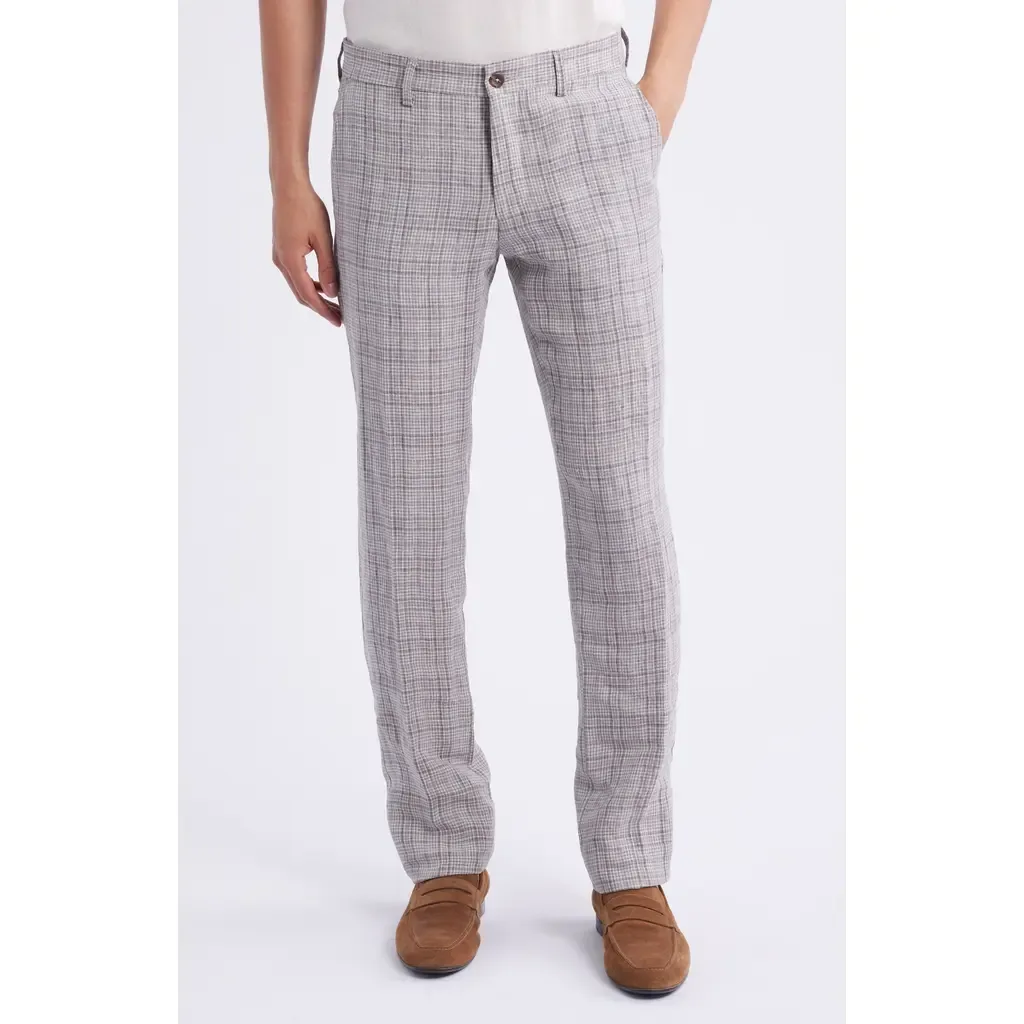 Flat Front Check Linen Dress Pants by Berle