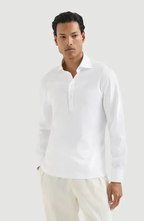 Cotton Jersey Long Sleeve Polo with Shirt-Style Collar by Brunello Cucinelli