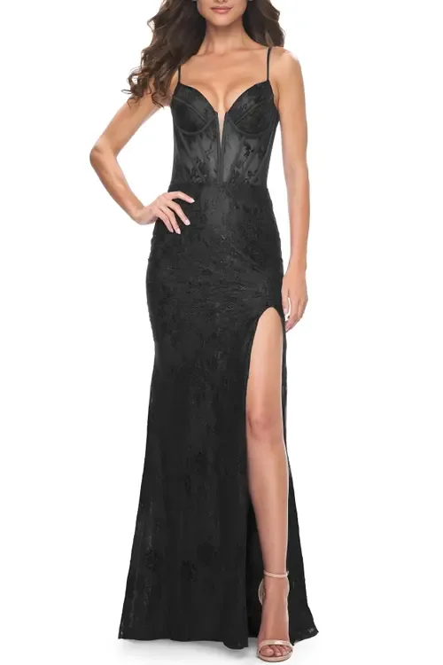 Stretch Lace Fitted Dress with Illusion Bustier Top by La Femme