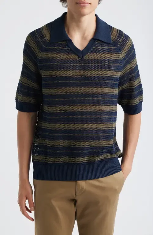 Cale 60056 Stripe Johnny Collar Openwork Linen & Cotton Polo Sweater by NN07