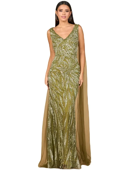 V-Neck Gown with Long Cape Sleeves by LARA New York