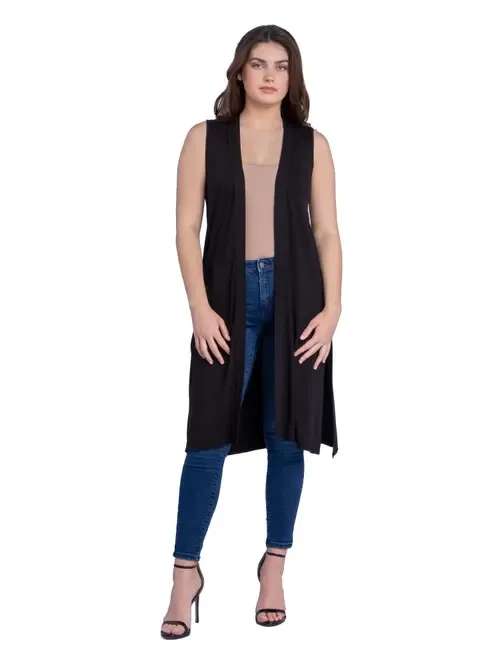 Sleeveless Long Cardigan Vest with Side Slit by 24seven Comfort Apparel