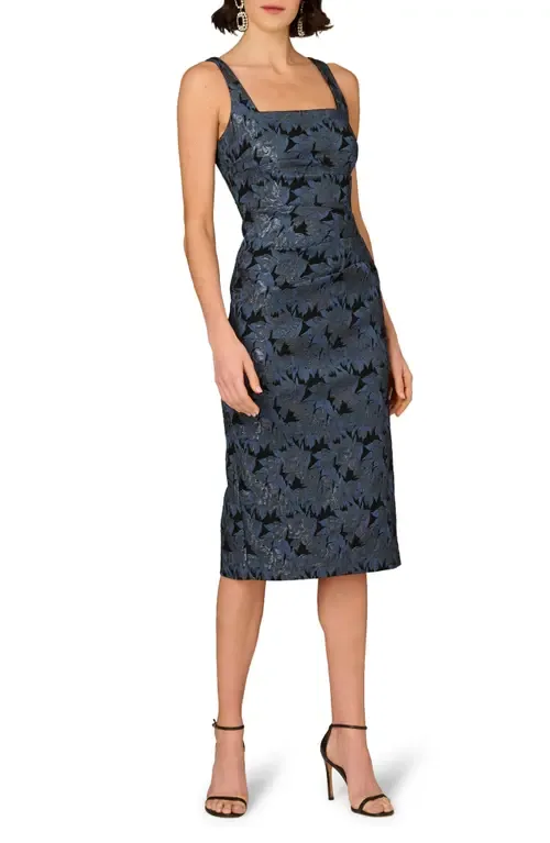 Metallic Floral Jacquard Cocktail Midi Dress by Aidan Mattox