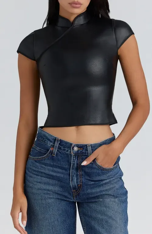 Bobbi Mandarin Collar Faux Leather Crop Top by HOUSE OF CB