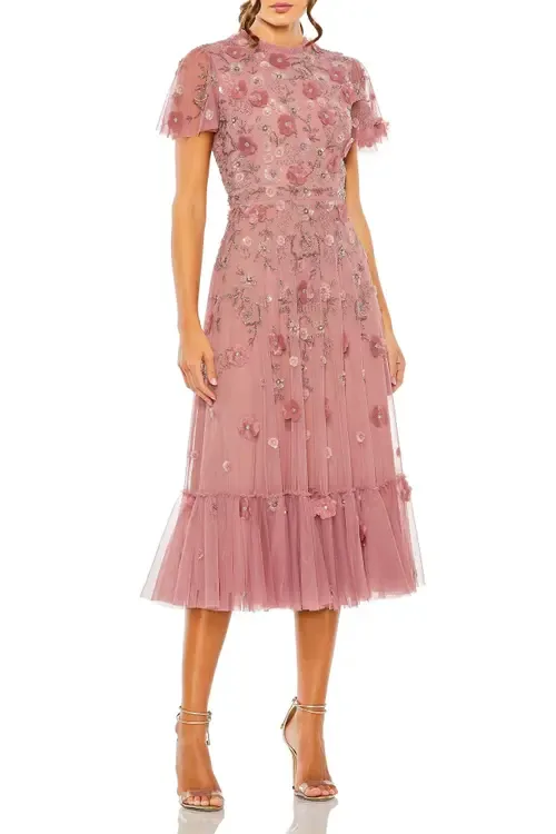 Embellished High Neck A-Line Dress with Flutter Sleeves by Mac Duggal