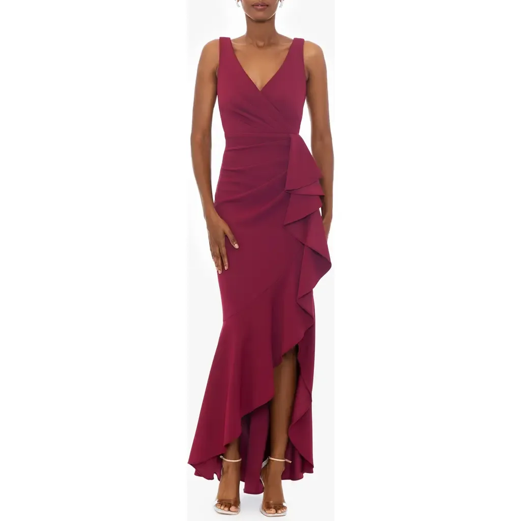 V-Neck Cascade Ruffle High-Low Gown