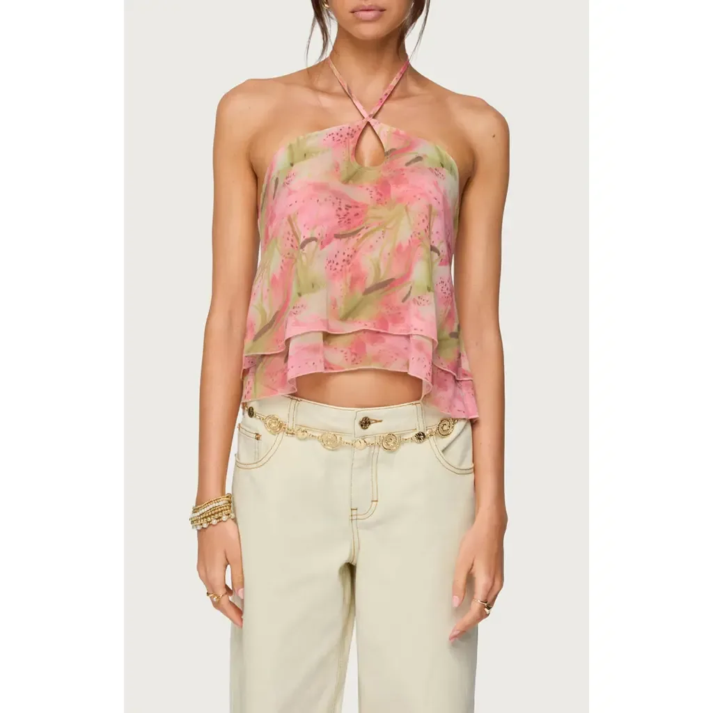 Dragon Lily Tiered Chiffon Halter Top by EDIKTED
