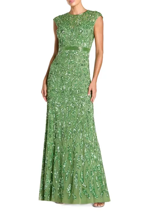 Embellished Illusion Cap Sleeve Column Gown by Mac Duggal