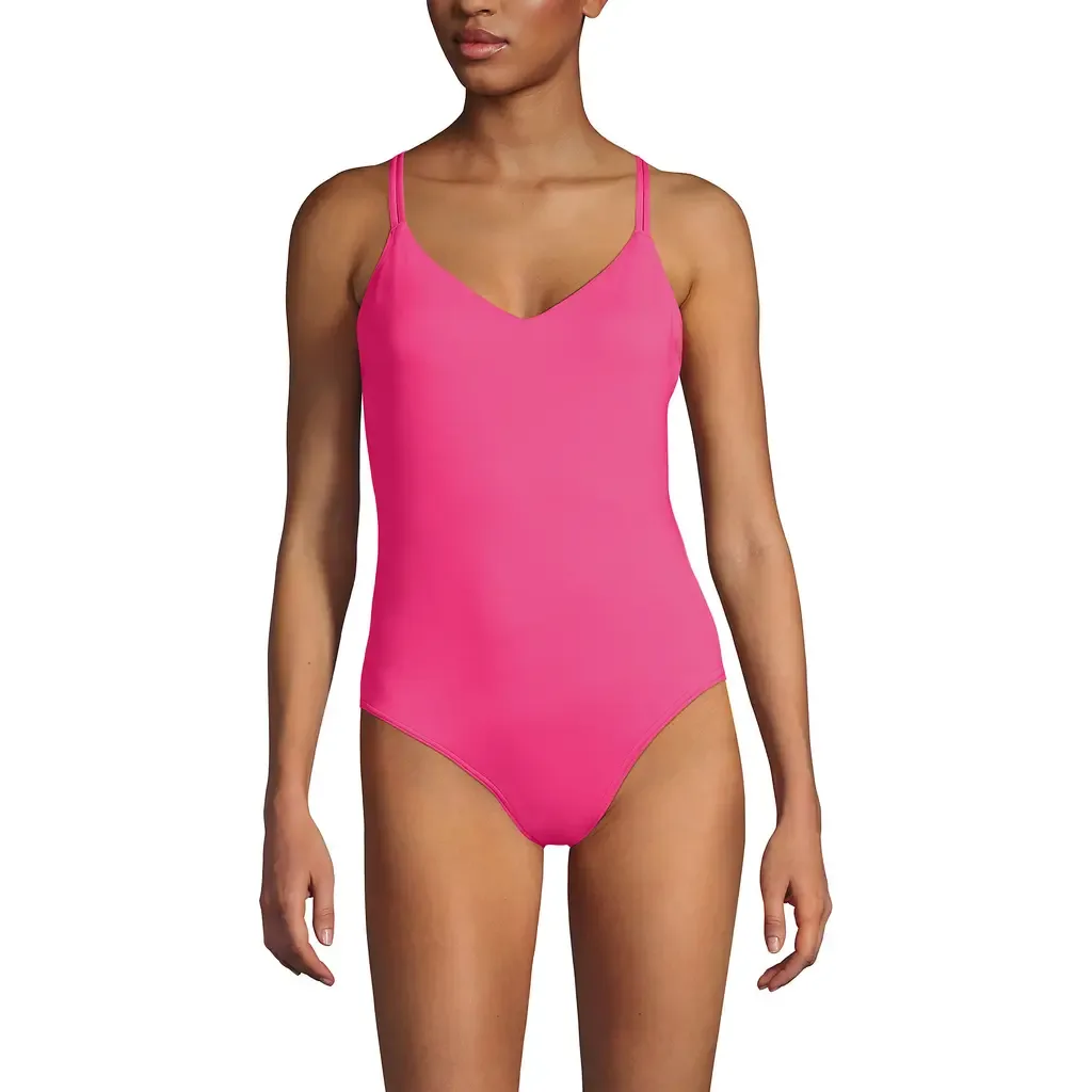 Tugless QuickDry V-Neck Multi-Way High Leg One Piece Swimsuit by Lands' End