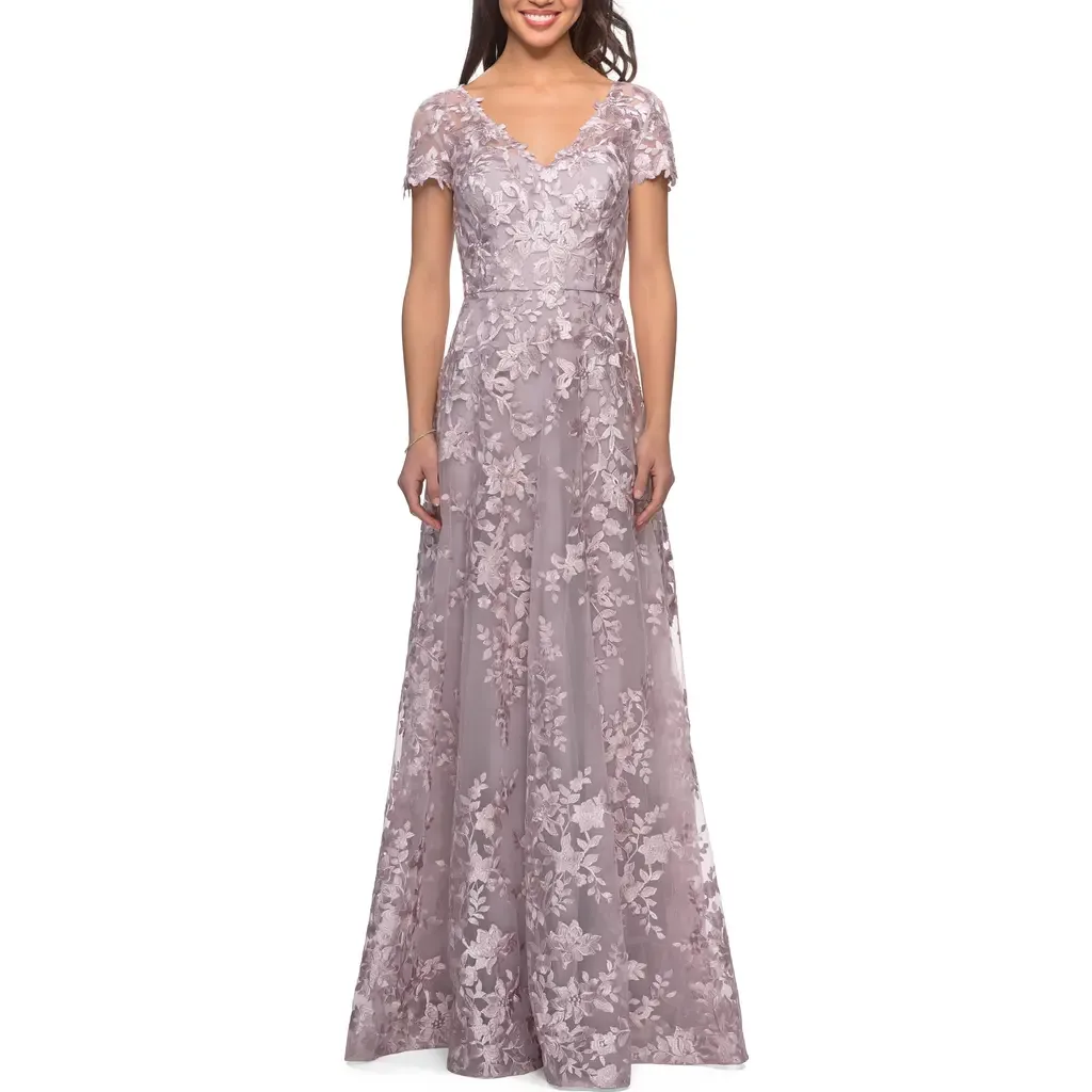 Long Lace Evening Dress with Cap Sleeves by La Femme