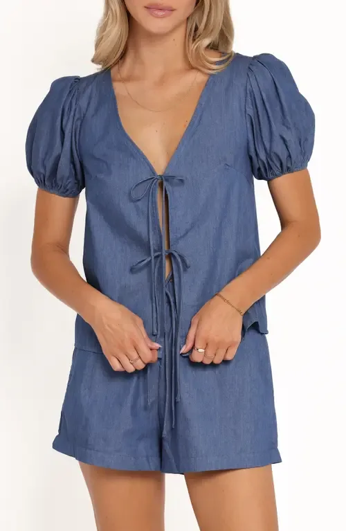 Dominic Tie Front Puff Sleeve Top - Denim by Petal & Pup