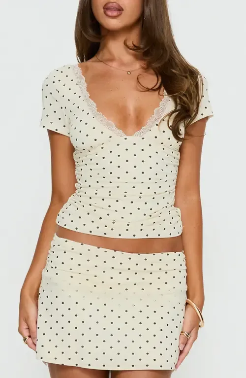 Amia Lace Trim Polka Dot V-Neck Top by Princess Polly