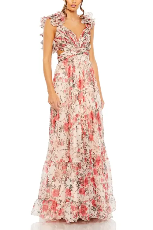 Tiered Floral Chiffon Gown with Ruffle Accents and Open Back by Mac Duggal