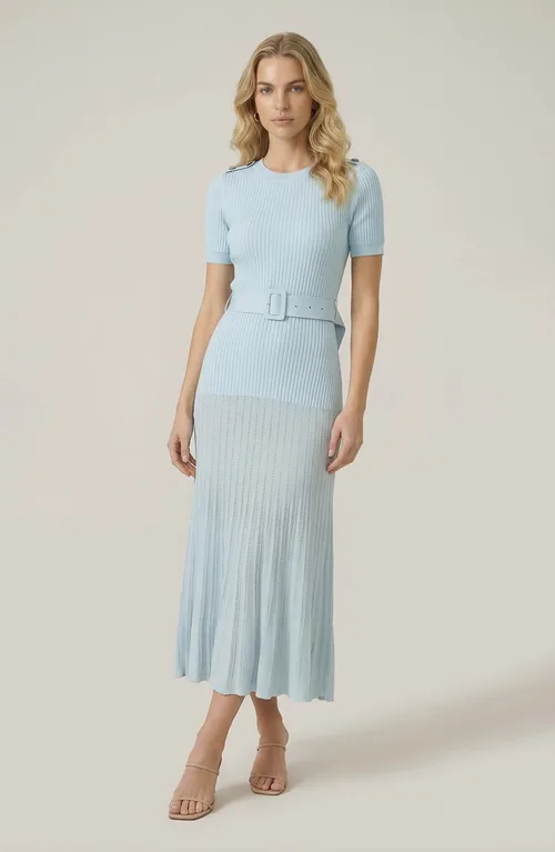 Ribbed Knit Belted Waist Pleated Midi Dress by Modenaire