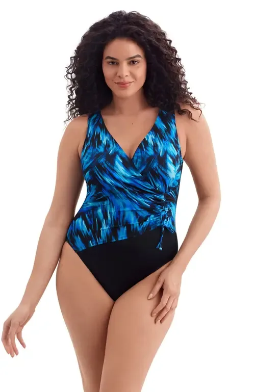 Shirred Faux Tie Surplice Long Torso One-Piece Swimsuit