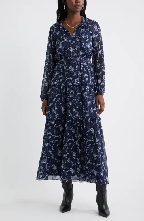 Floral Metallic Clip Dot Ruffle Tiered Midi Dress