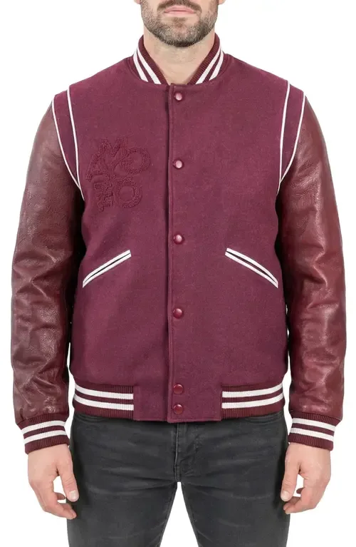 Marthyr Leather Sleeve Varsity Jacket by Maceoo