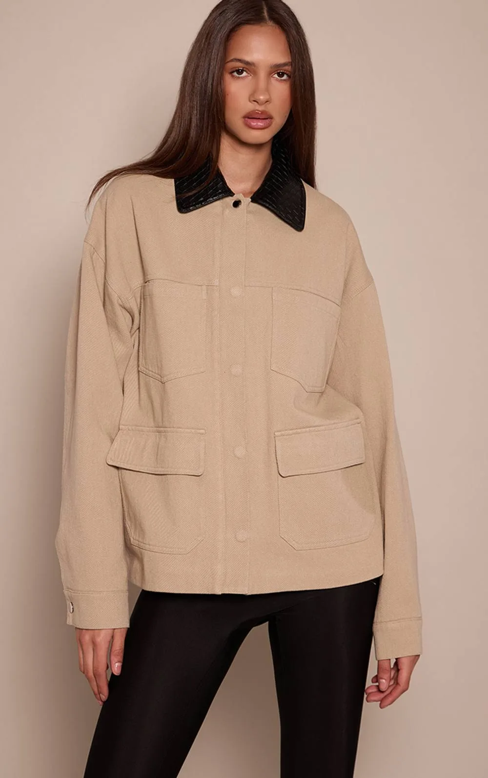 Twill Contrast Collar Pocket Detail Jacket by PrettyLittleThing