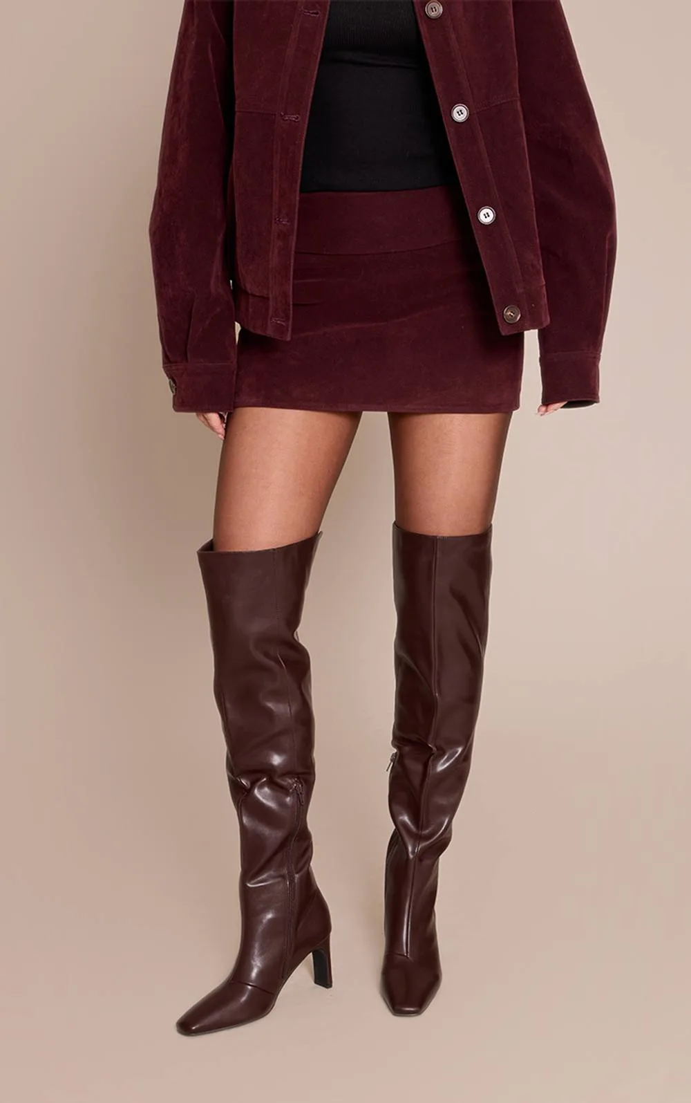 Faux Leather Snip Toe Heeled Over the Knee Boots