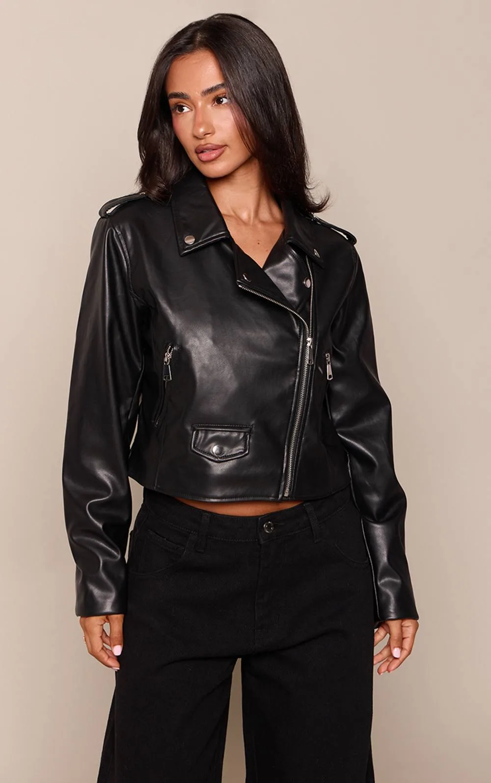 Basic Faux Leather Pocket Detail Biker Jacket by PrettyLittleThing