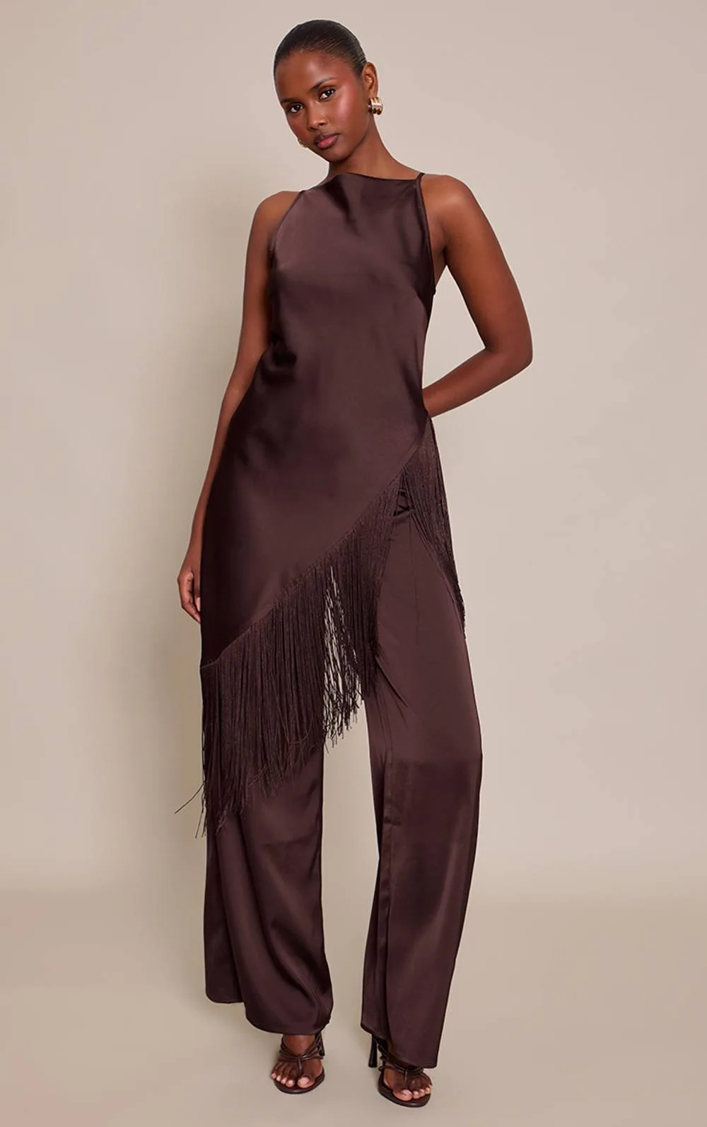 Satin Fringe Detail Jumpsuit by PrettyLittleThing