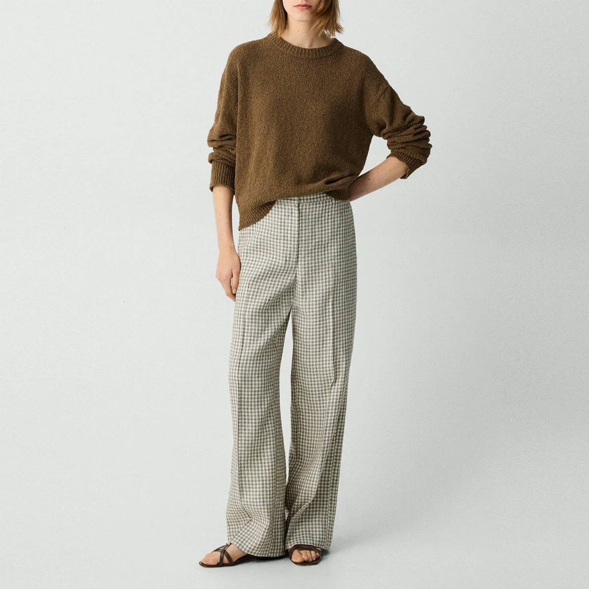 Straight Pant in Checked Linen-Blend by Theory