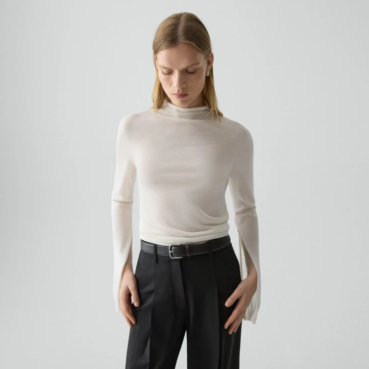 Slit Sleeve Turtleneck Sweater in Wool-Viscose by Theory