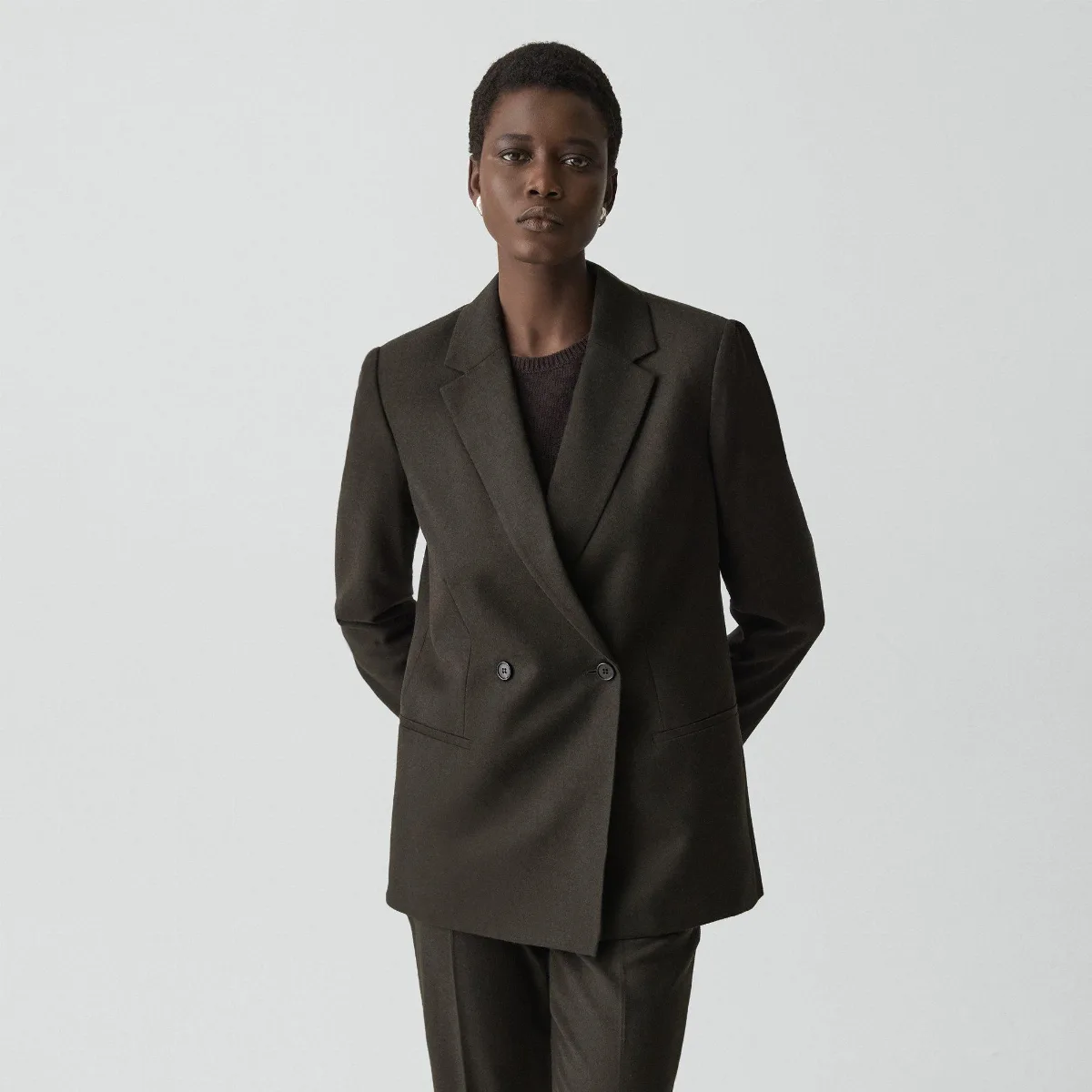 Relaxed Double-Breasted Blazer in Sleek Flannel by Theory