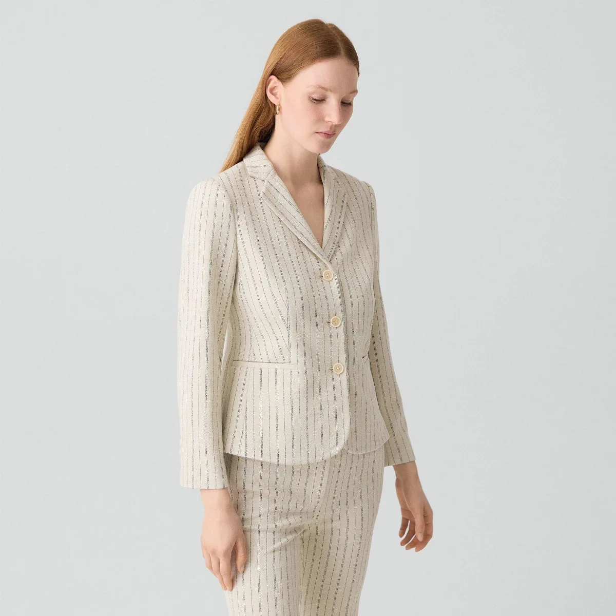 Shrunken Three-Button Blazer in Striped Crepe Jersey by Theory