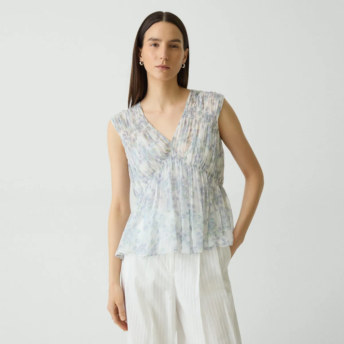 Ruched Sleeveless Top in Floral Silk by Theory