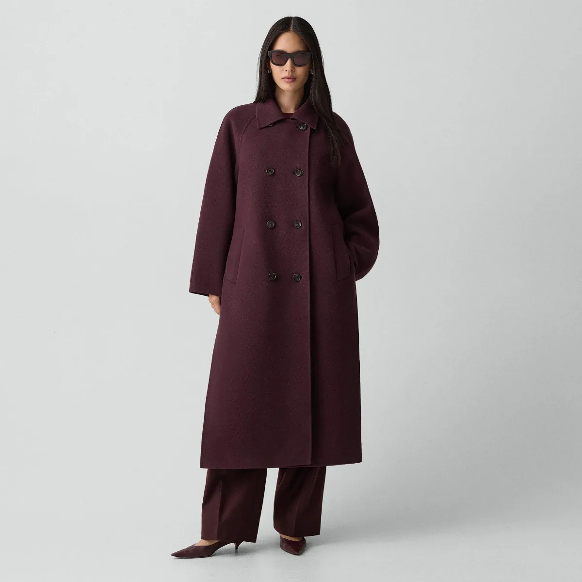 Long Double-Breasted Coat in Textured Wool-Cashmere by Theory
