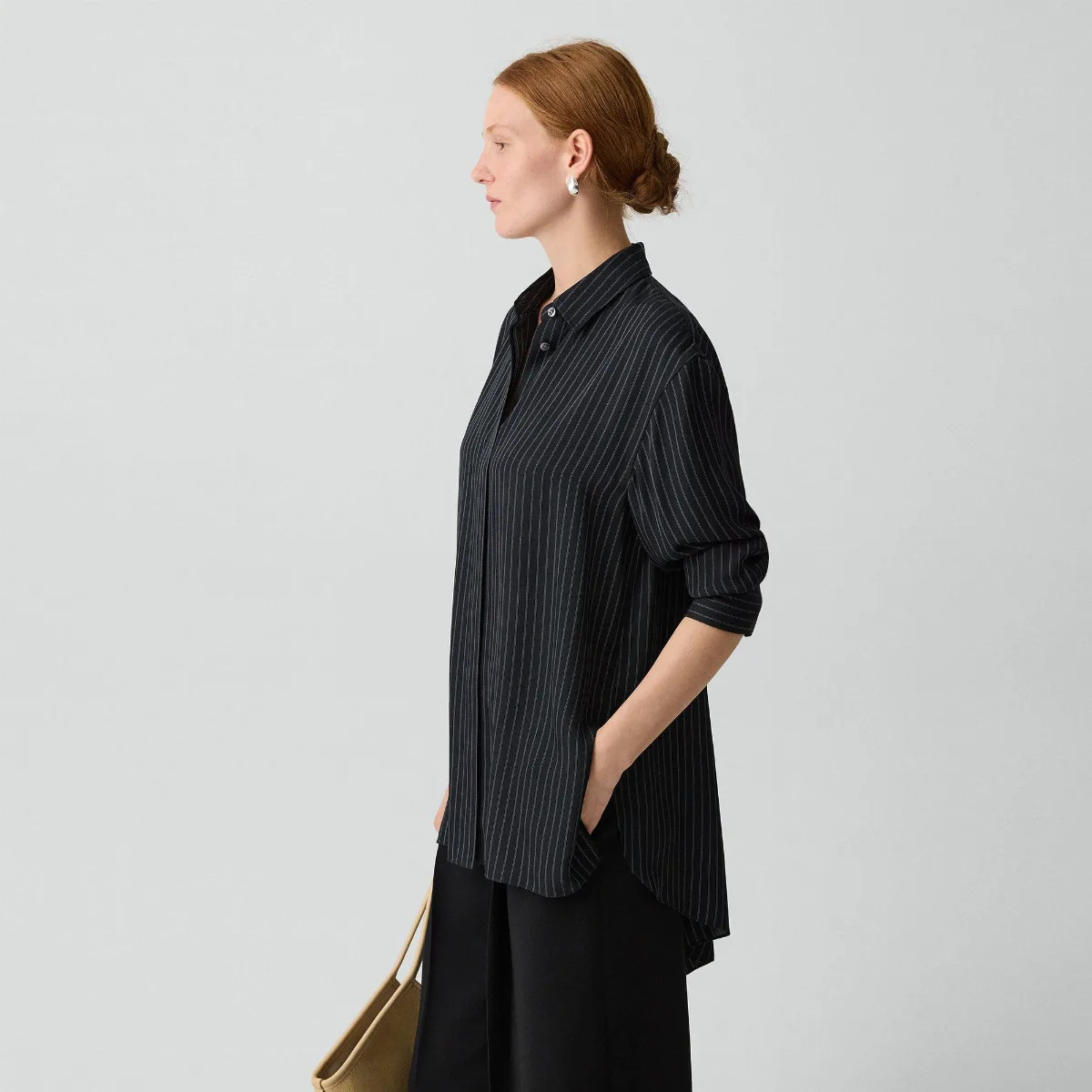 High-Low Flounce Shirt in Washed Stripe by Theory