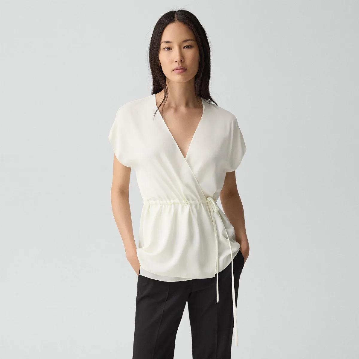 Short-Sleeve Wrap Top in Silk Georgette