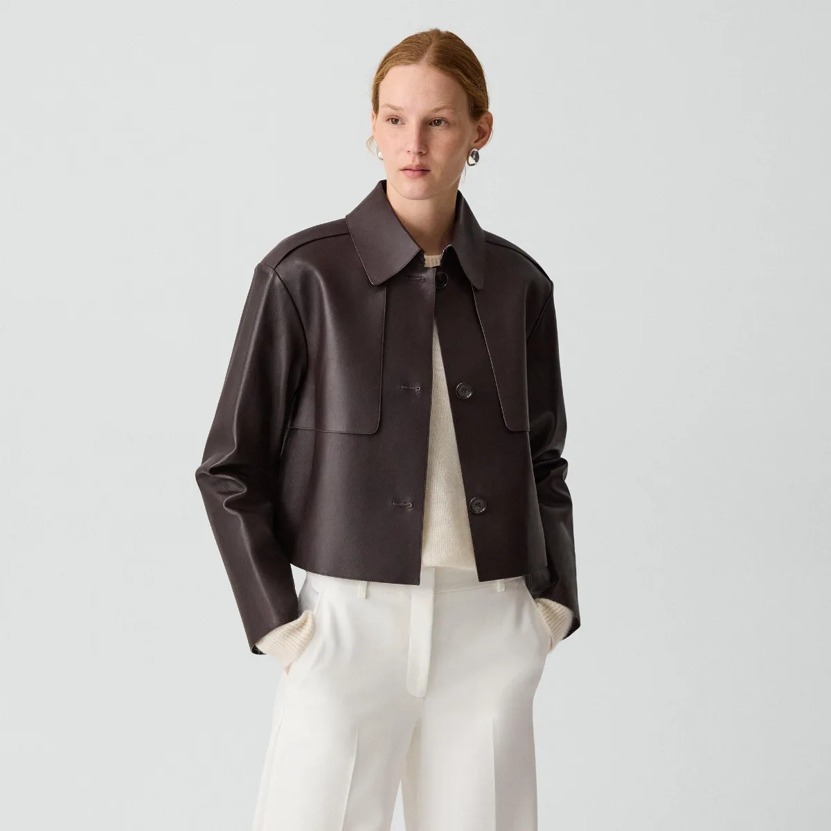 Cropped Trench in Sleek Leather by Theory